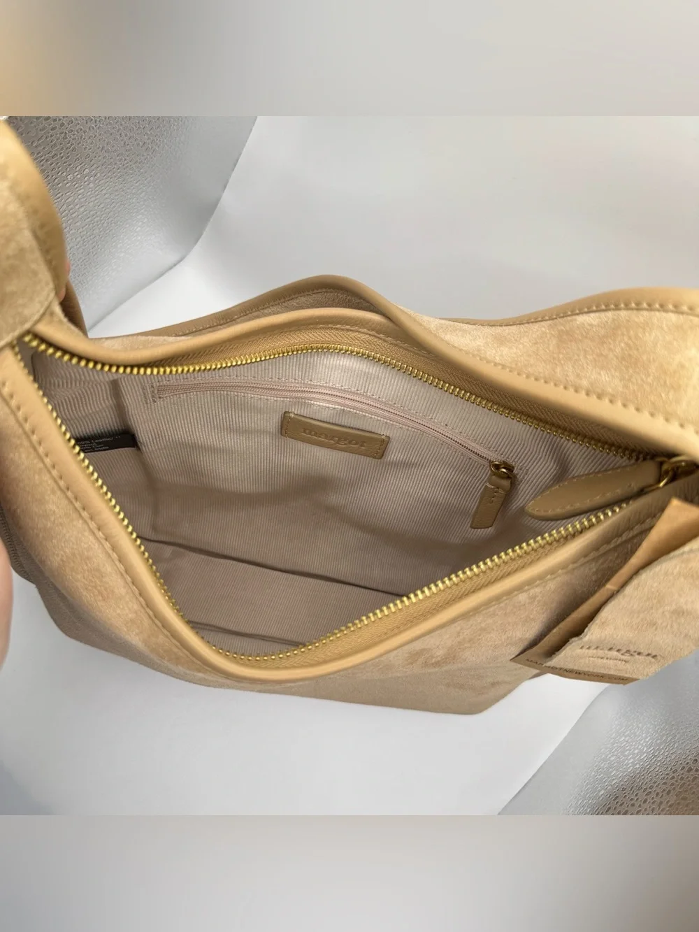 Margot New York Curved Zip Hobo Bag Beige Suede NEW
